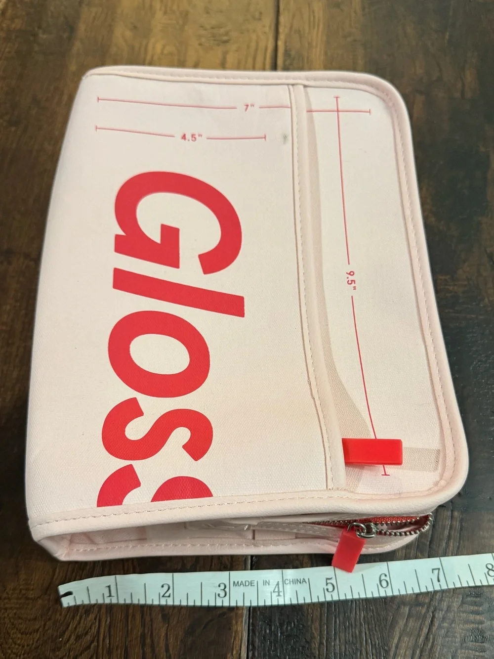 Glossier Pink Beauty Bag Cosmetic Pouch with Red Logo